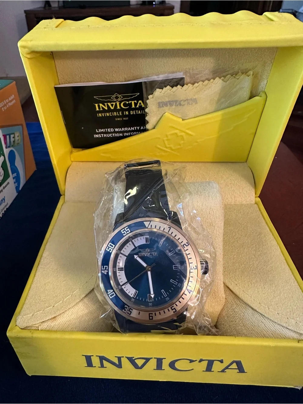 NIB Invicta Men’s Specialty Watch 35779 Blue Dial Gold-Tone Bezel Black Strap